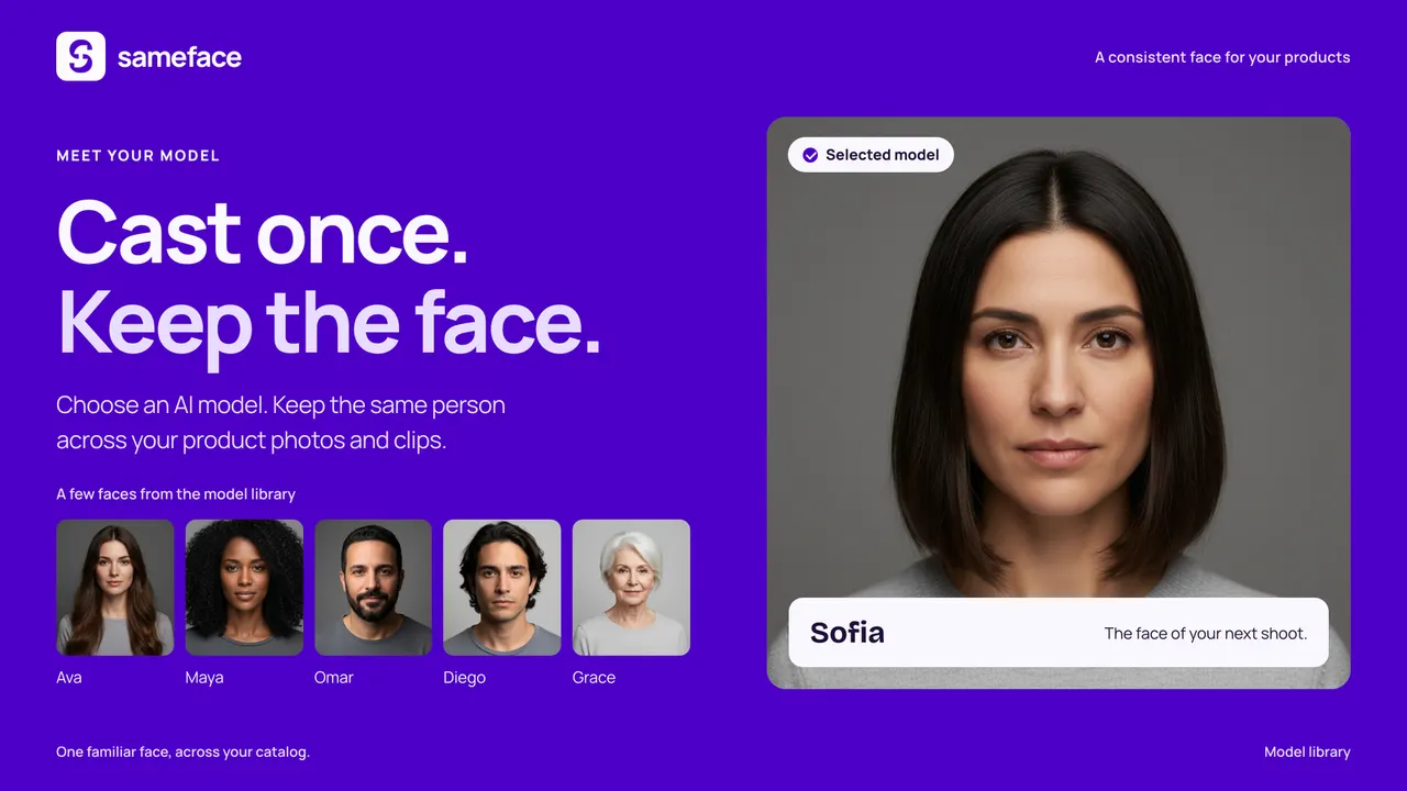 Choosing an AI model in sameface: a row of faces to pick from, and the selected model shown large.