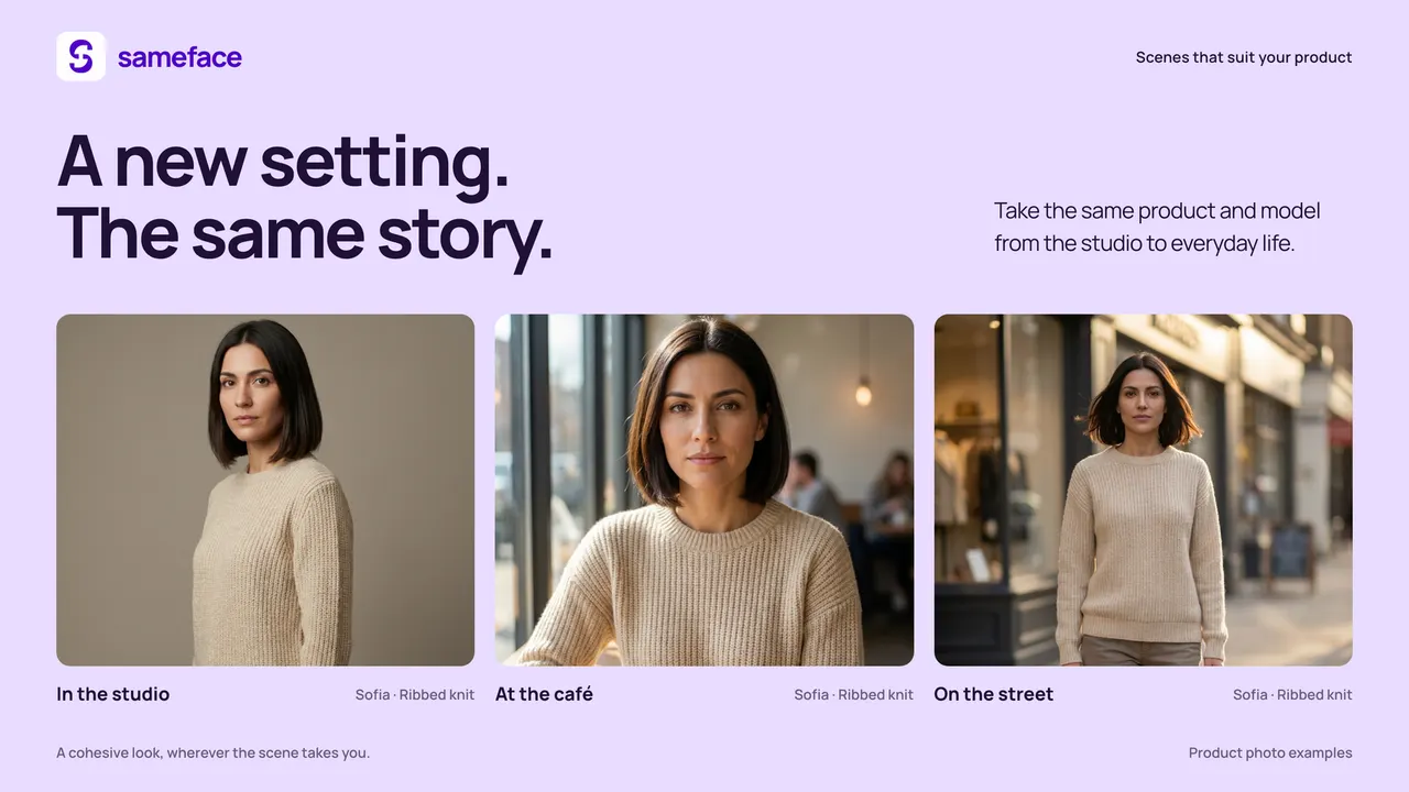 The same jumper and the same model shown in three settings: a studio, a cafe, and a street.